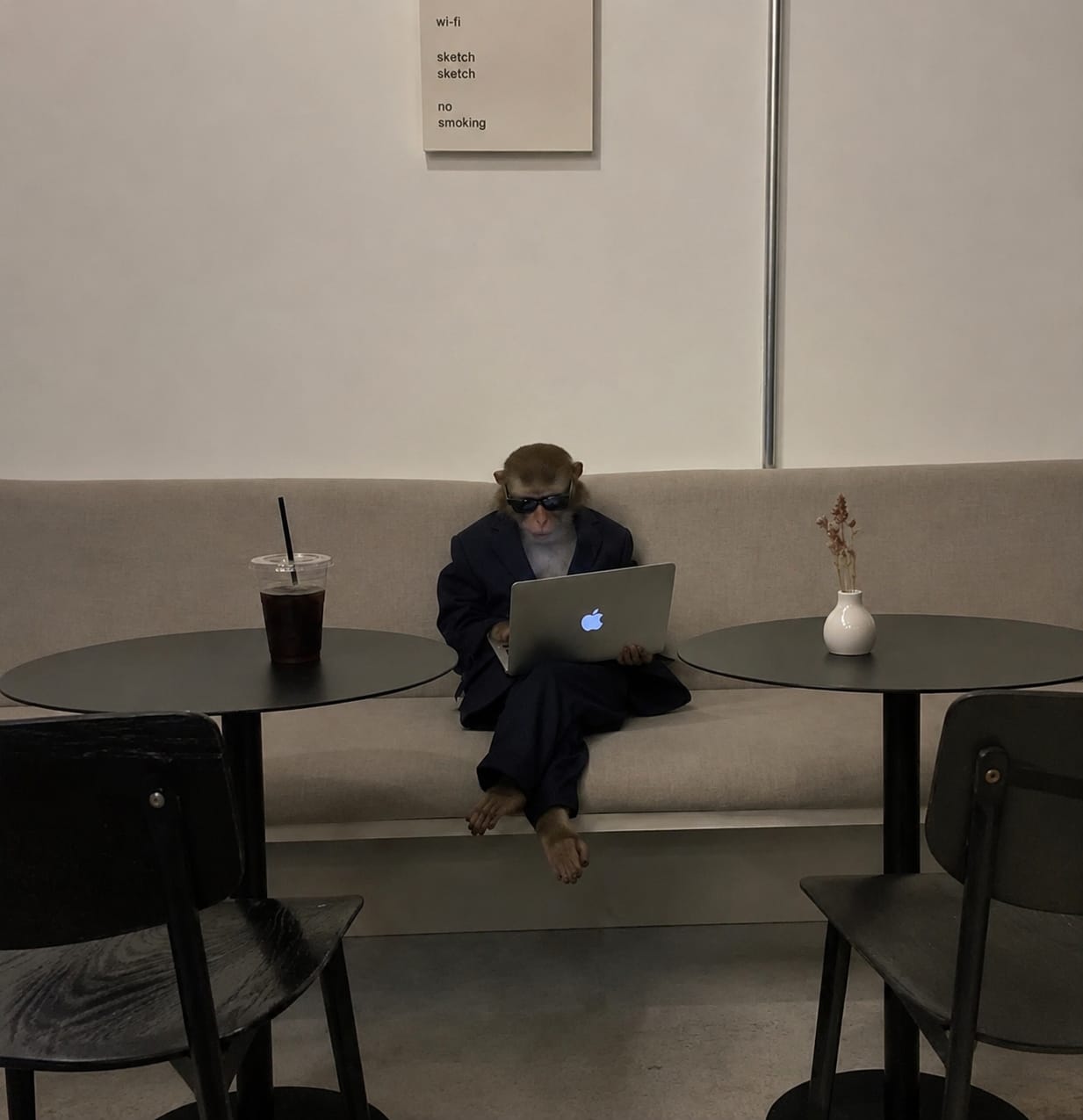 Monkey wearing a suit and using a laptop